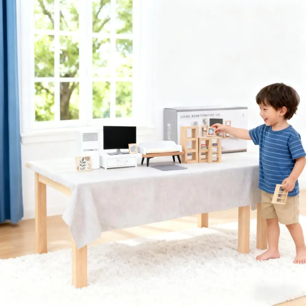 Wooden Dollhouse Furniture Set Mini Nordic Style Home Décor Accessories Pretend Play Miniature House Kit for Toddlers