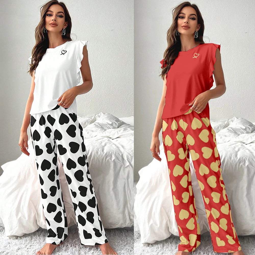 Women Faxu Cotton Pajamas Sets Love Print Cami Sleeveless Shirt With Trouser Sleepwear Ladie Sexy Lingerie Pyjamas Nightwear