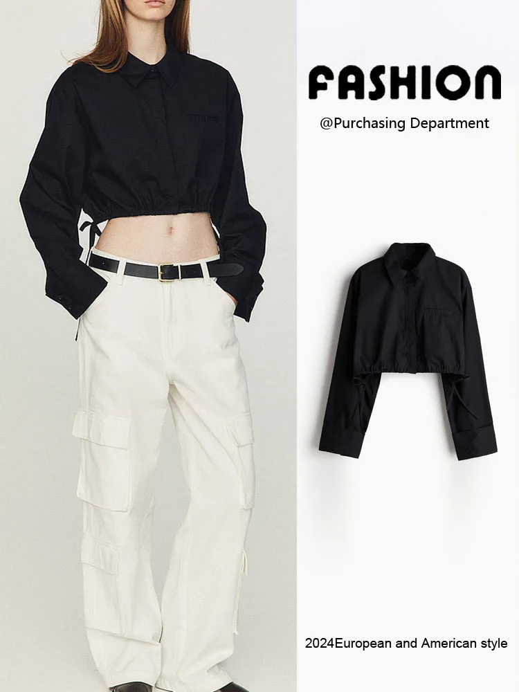 

Faionable Street Sle Women's irt Long Sve Collar ort Length Dstring Detail Straight Cut for Young Adults