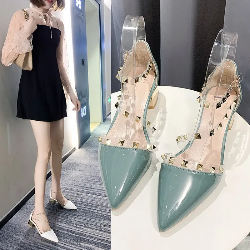 Pointed rivet sandals women\'s spring and summer 2024 new all-match thin transparent one-word buckle belt thick heel square root