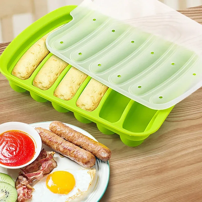 6-Grid Hot Dog Sausage Mold Food Grade Silicone Household Ham Hot Dog Making Tray With Cover Kit Tool Household Cake Baking Mold