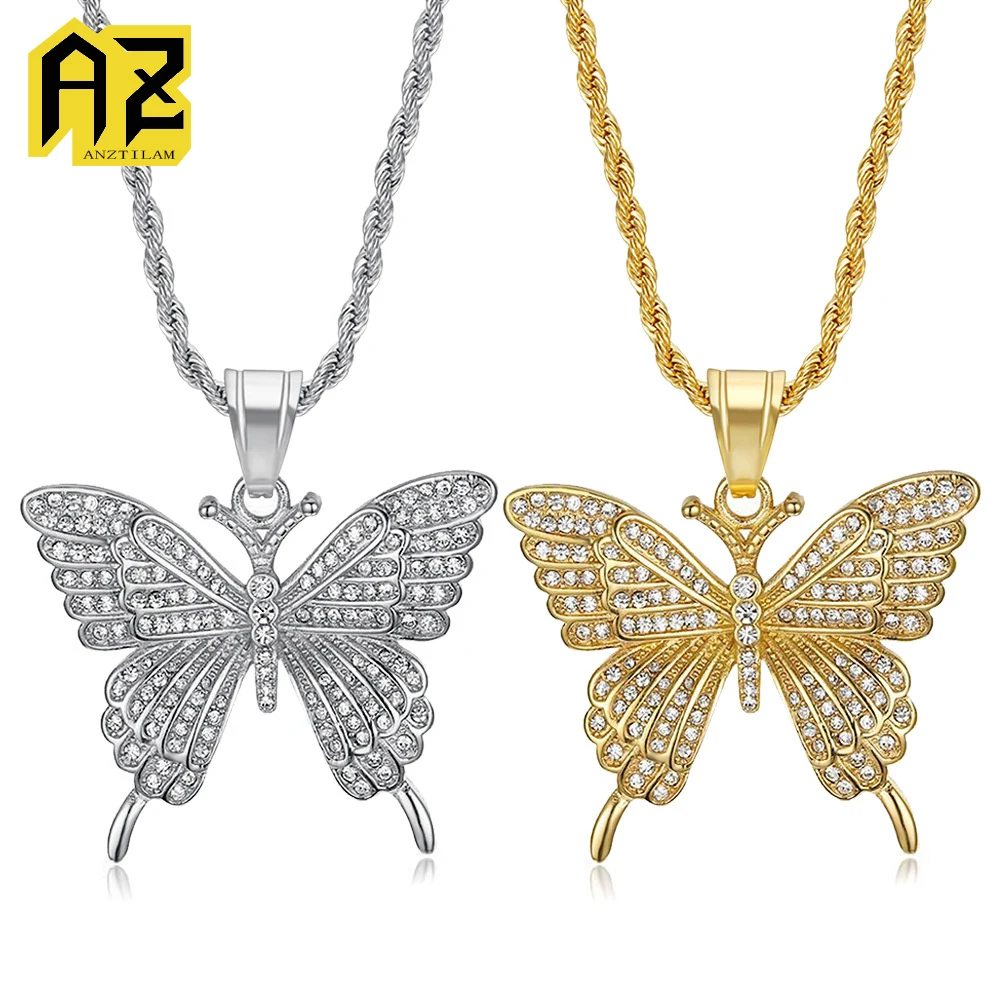 

Anztilam No Fade Butterfly из нержавеющей стали 316L кулон со льдом и длинной цепочкой, ожерелья для женщин и мужчин, ювелирные изделия в стиле хип-хоп