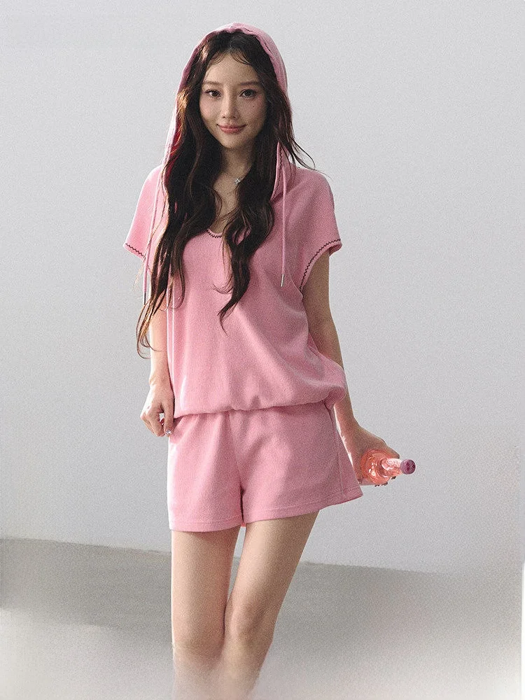 

LulusMiracle Heat Wave Thin Short Sleeve Hoodie Sports Suit Women's Cotton V-neck Two-piece Set Summer Fashion Sportswear