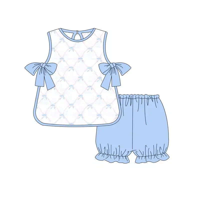 New Short Sleeve Suit Girls Summer Clothing Blue Diamond Plaid Print Bow Design Boutique Girls Clothing Wholesale