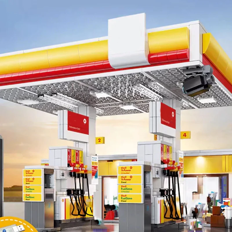1309PCS MOC  Shell Retail Station Building Blocks City Car Gas Station Model with Lighting Puzzle Toys Gift for Children Adult ﻿