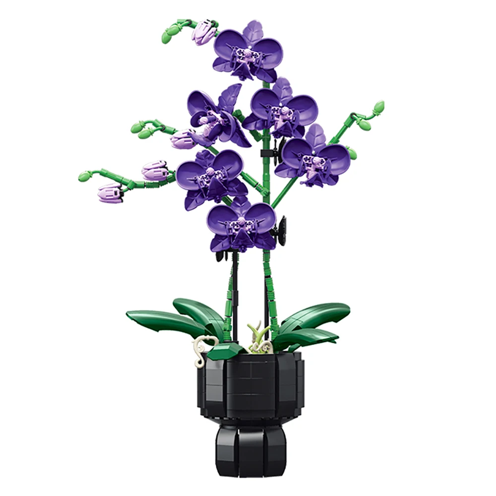 Jouet de bloc de construction en pot violet Phalaenopsis, bon pour la décoration créative de la maison et du bureau, cadeau de vacances de rêve pour fille, jouet de Puzzle