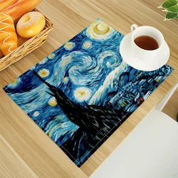 Van Gogh The Starry Night Print Linen Dining Table Mats Alphabet Kitchen Placemat 30X40cm Coasters Pads Bowl Cup Mat