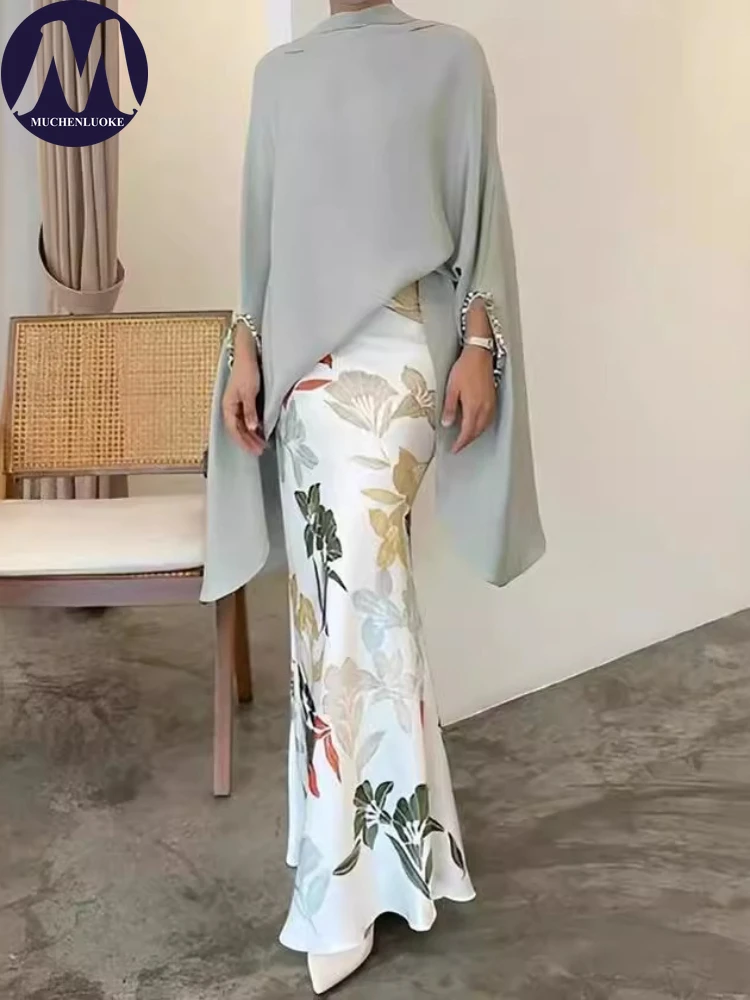 

2 Pieces Set for Woman Summer Autumn Half High Collar Flare Sleeve Asymmetric Tops Suits Fashionable Slim Fit Print Dress Sets