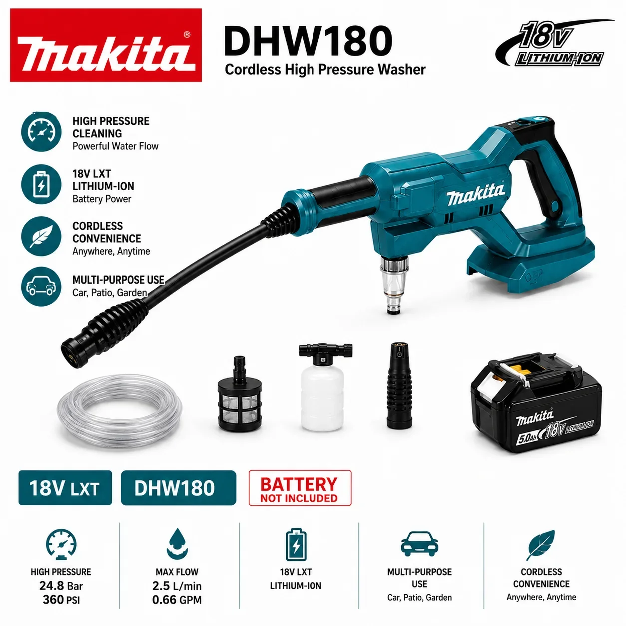 Original Makita DHW180 18V Akku-Hochdruckreiniger, tragbarer Power-Reiniger, kabellose Wasserspritzpistole, Autowäscher, Garten-, Terrassen- und Außenbereinigung, kompatibel mit Makita 18V LXT Akku