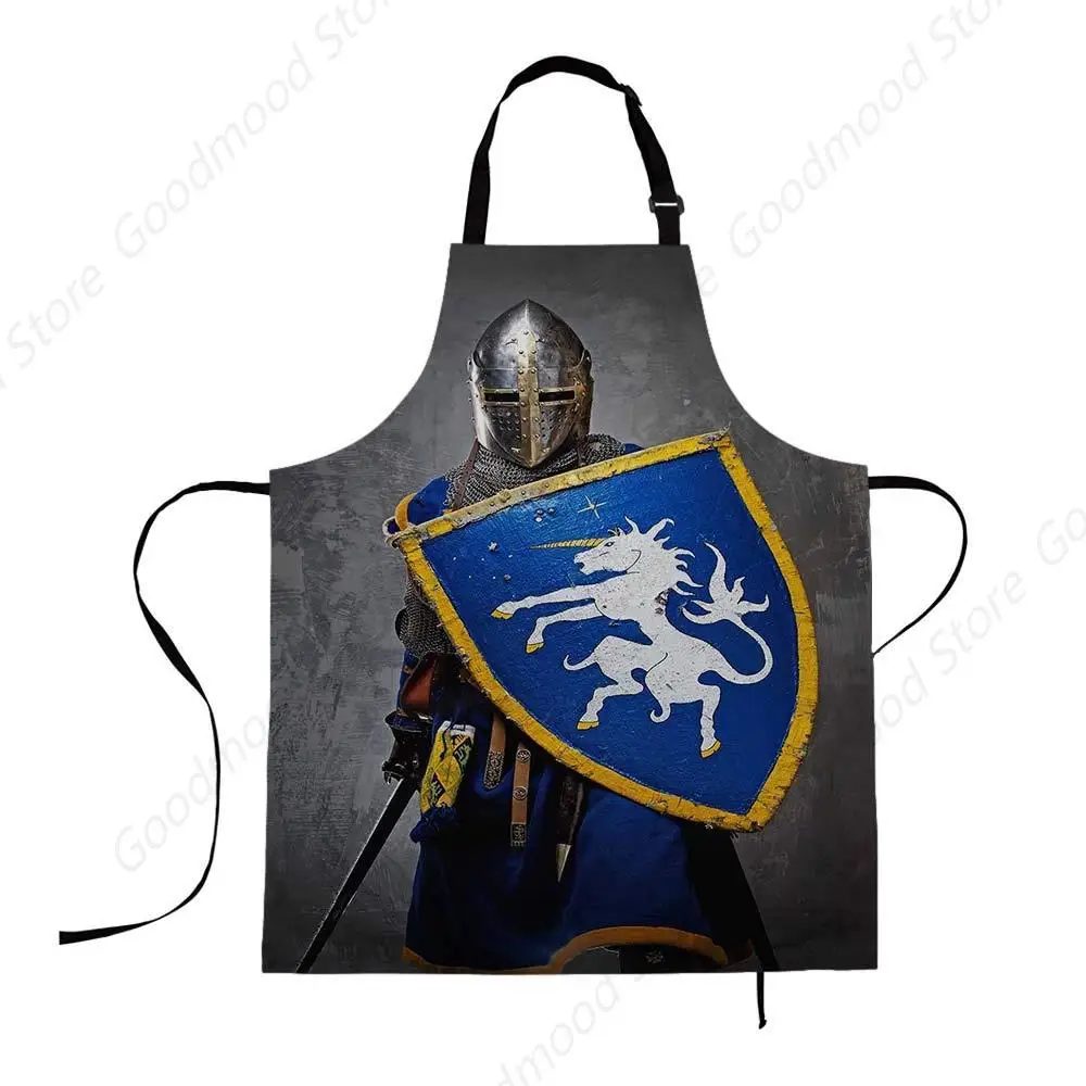 Delantales de caballero Medieval, escudo, armadura, Guerrero sobre fondo gris, babero de cocina, accesorios de cocina, Baberos para jardinería, parte de pintura