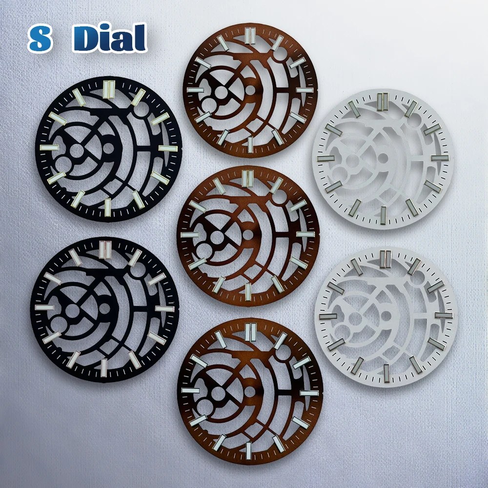 31,8 mm S-Logo NH38 ausgehöhltes Zifferblatt, grünes Leuchtzifferblatt, geeignet für NH70-Uhrwerk, exquisites Uhrenmodifikationszubehör