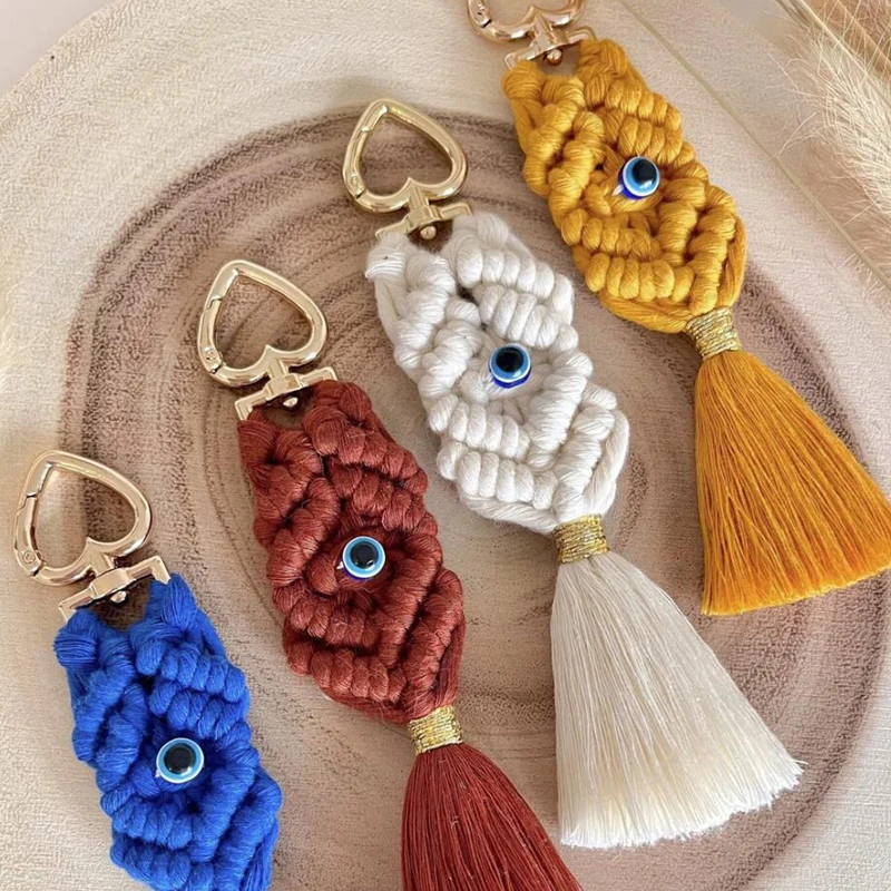 Boho Chic Handmade Woven White Macrame Blue Evil Eye Keychain Handwoven Tassel Keychain Perfect for Car Keys Wallets Bags