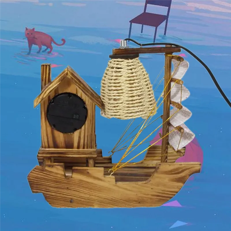High Quality Sailboat Woodiness Lamp Clock With A Clock With Warming Light Strings Multi-Functional Electronic Clock Durable Blu