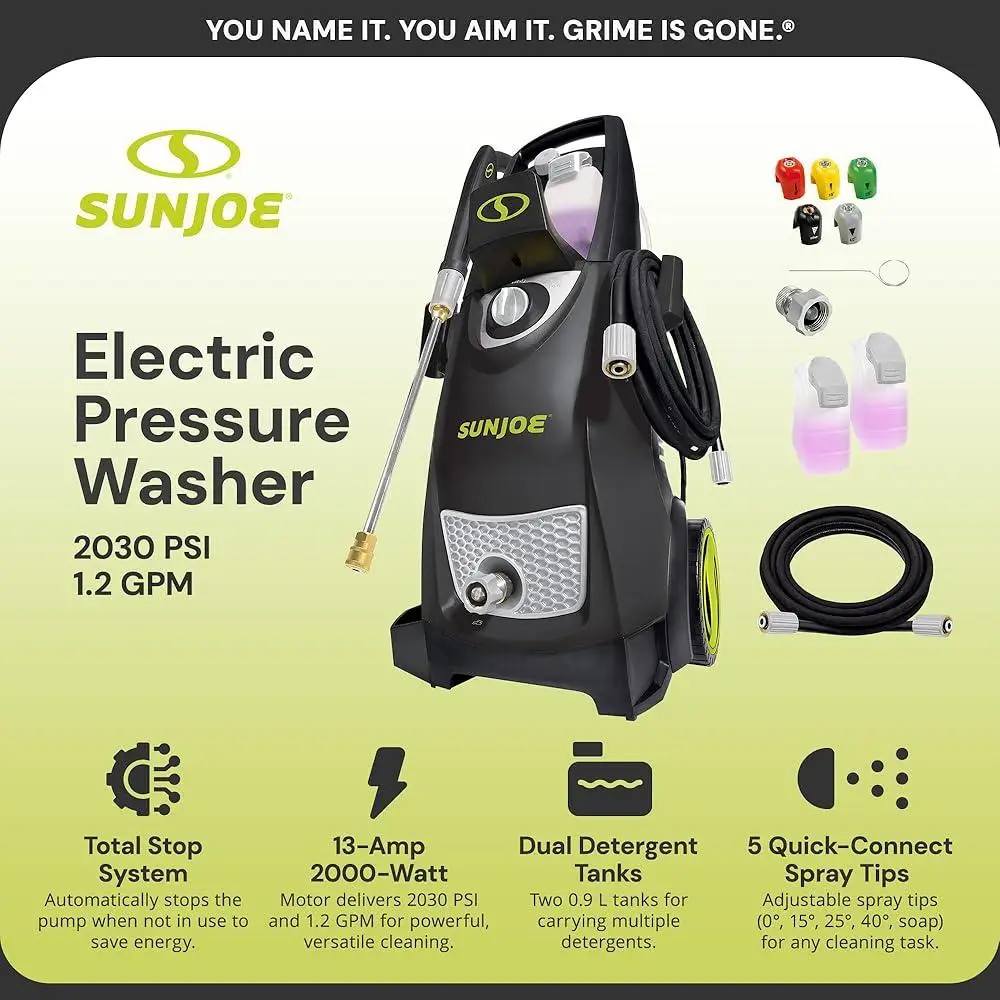 Nettoyeur haute pression électrique 2030 PSI 1.76 GPM, double réservoirs de savon, 5 buses à connexion rapide, tuyau de 20 pieds, système d'arrêt Total, nettoyage Portable