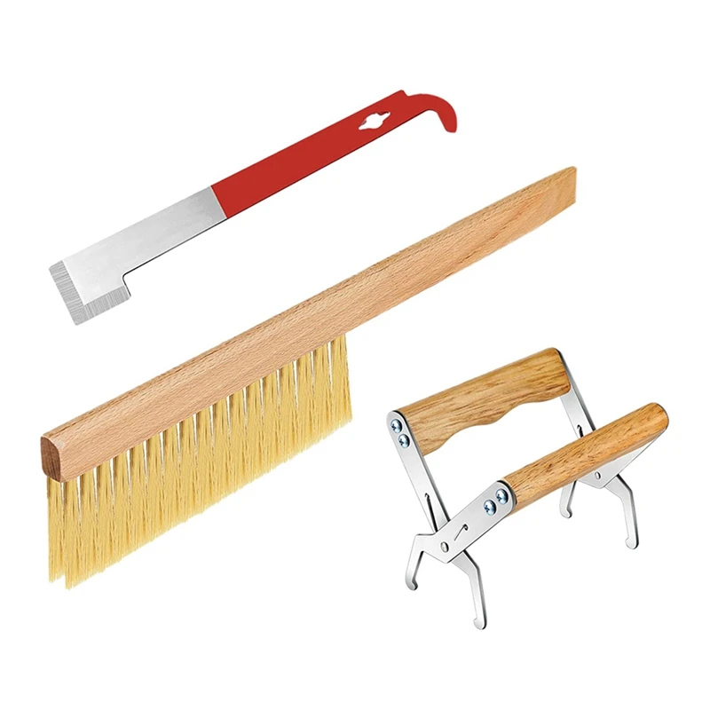 Bee Hive Tool For Beekeepers,Include J Hook Frame Lifter Scraper,Bee Hive Frame Grip Holder Lift,Wooden Beekeeping Brush