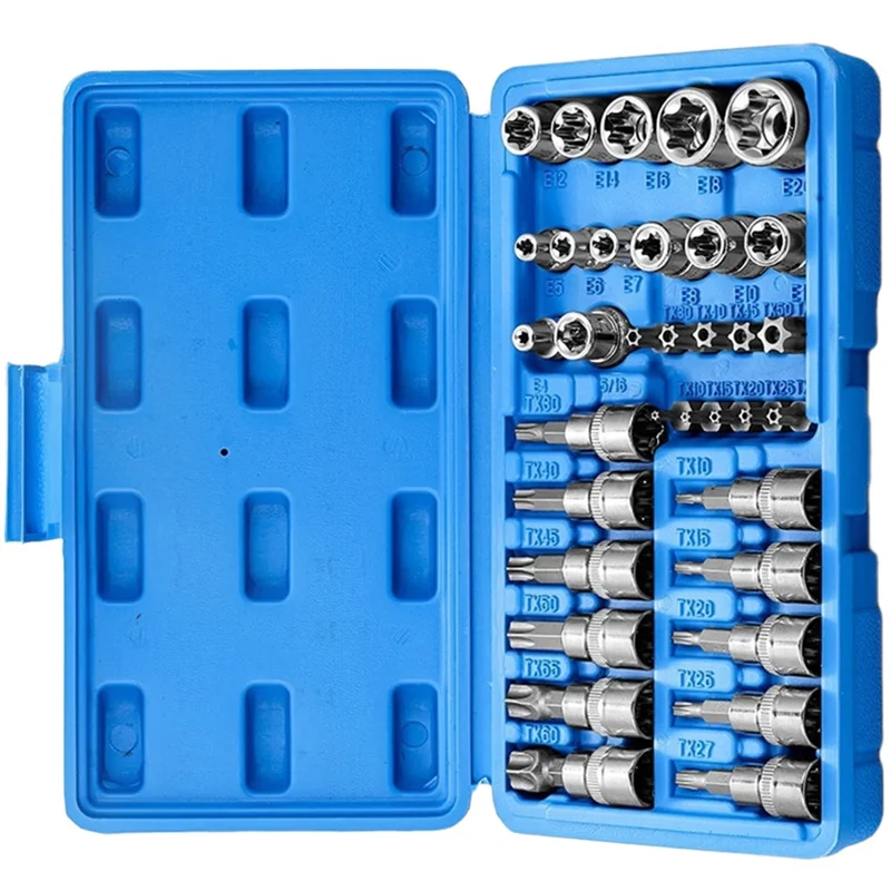 

A95I-Handheld Tool 34Pcs Torx Bit Socket Set Professional& E-Torx Star Socket 1/4" 3/8" 1/2" Drive Male Female E-Torx Bits