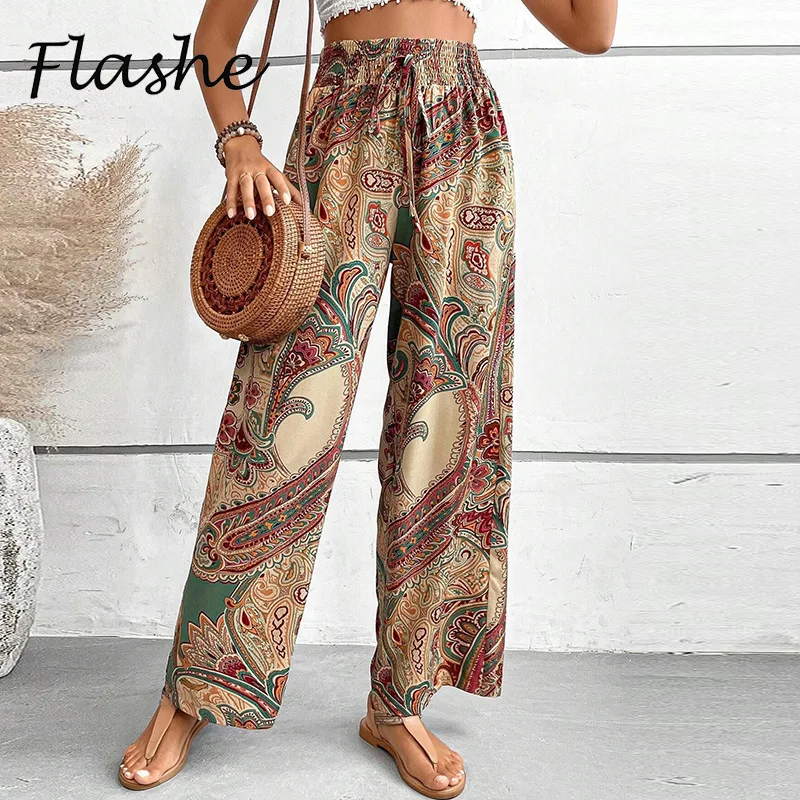 

Fashion Women Pants Vintage Printed Trousers For Women Casual High Waist Wide Leg Pants For Women 2024