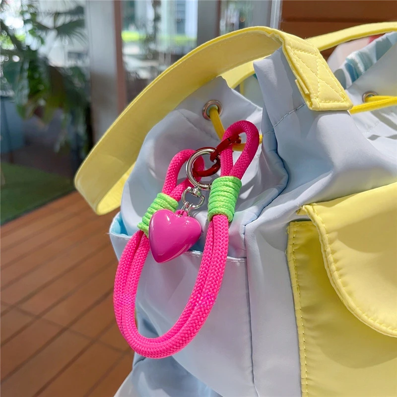 Korean Cute 3D Heart Pendant Braided Rope Phone Chain Charm Strap Cord Keychain For iPhone 16 Lanyards Bag CCD Girl Hanging Rope