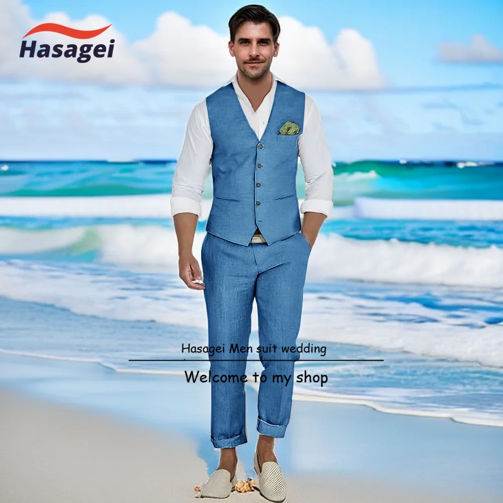 Men\'s Linen Suits 2 Pieces Slim Fit Suit Prom Tuxedos Beach Wedding Groomsman Vest & Pants Set Casual Summer Linen Outfit