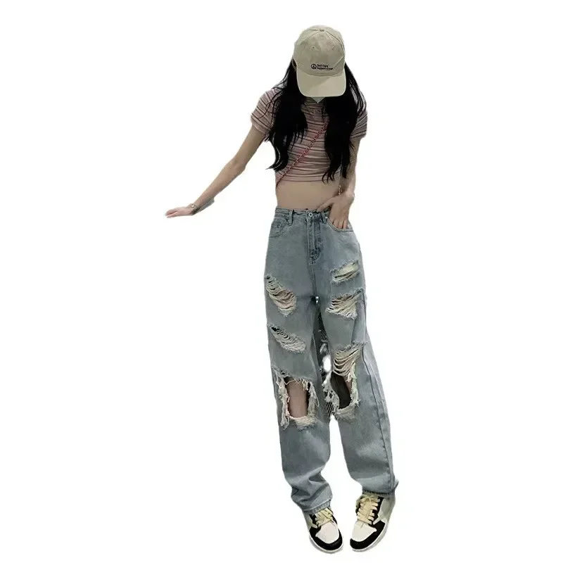 النساء هول الجينز غسلها مستقيم بنطال ذو قصة أرجل واسعة جيوب زر سستة يطير خمر الدينيم الإناث المتعثرة بنطلون الشارع الشهير