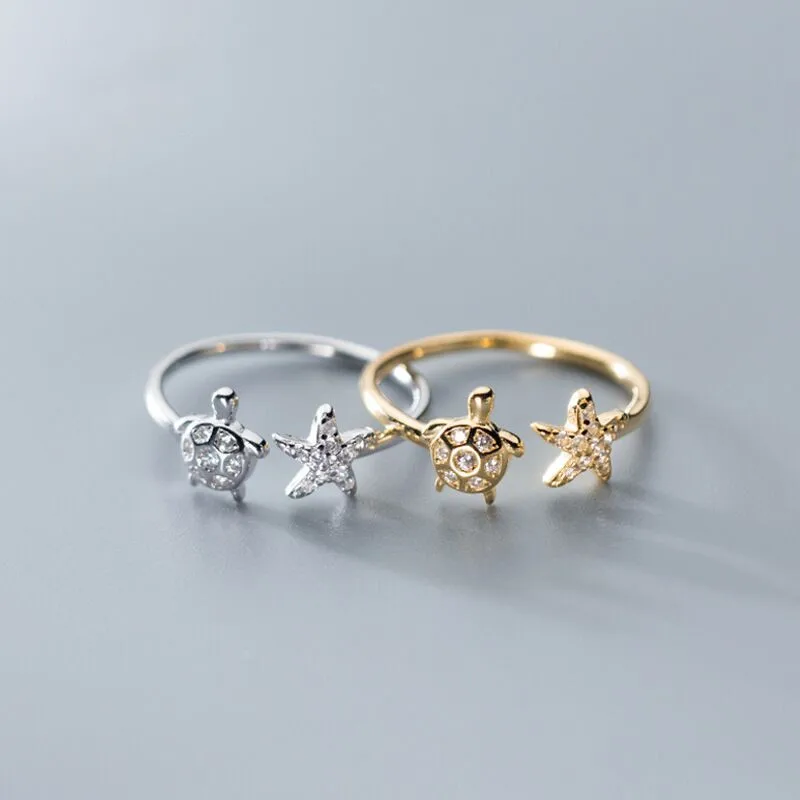 VENTFILLE 925 Sterling Silver Korean Version of The Cute Turtle Starfish Womensmall Fresh and Simple Zircon Ring