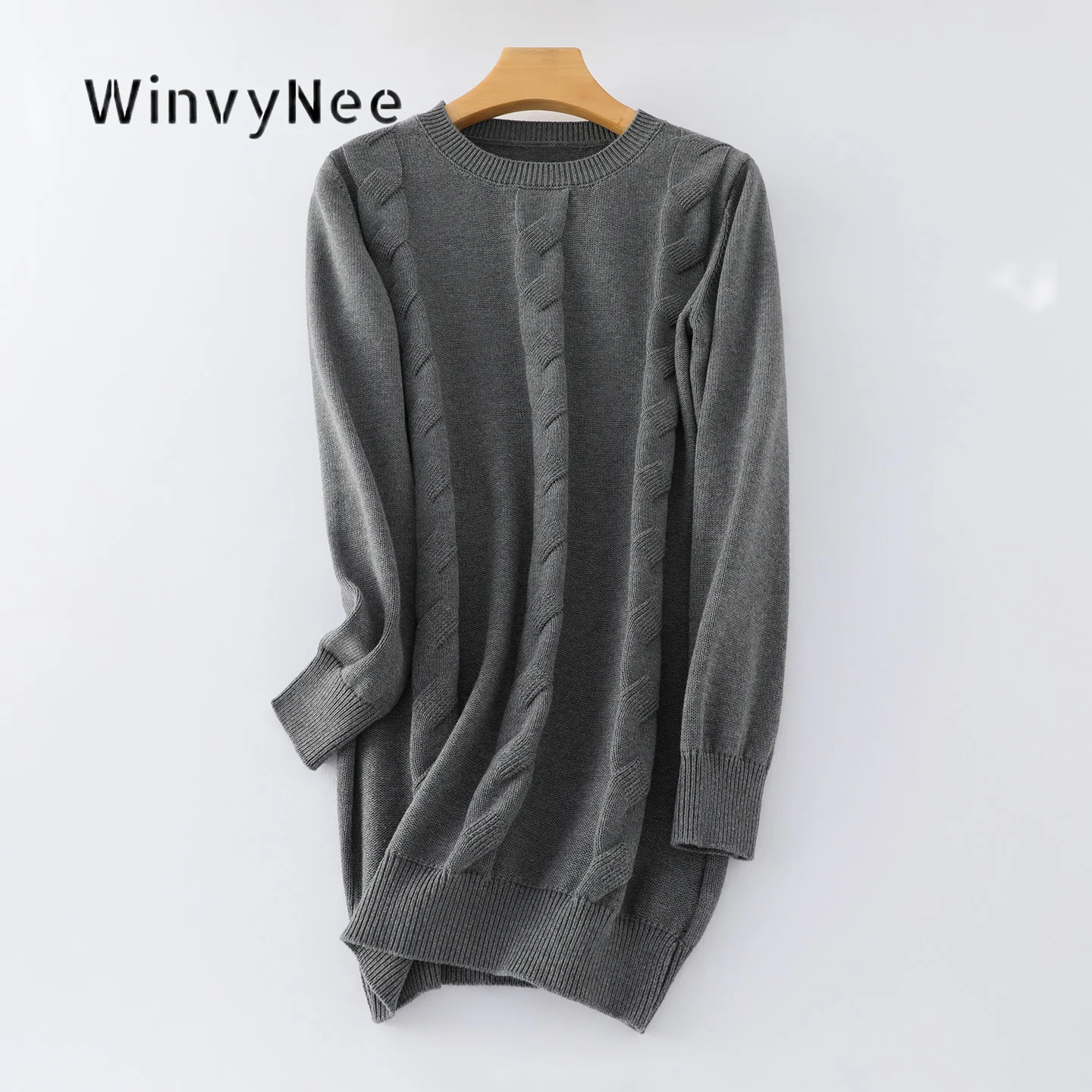 WinvyNee Women Pure Cotton Mid‑Length Cable Knit Crew Neck Knit Pullover Loose Sweater Fashion For Spring Autumn Wear A1092062