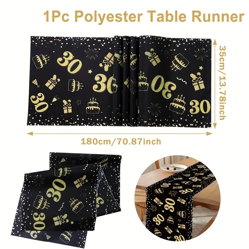 18/30/40/50/60th Black and Gold Table Runner, Birthday Banquet Party Long Tablecloth, Gold Foil Number Decoration Tablecloth 1PC