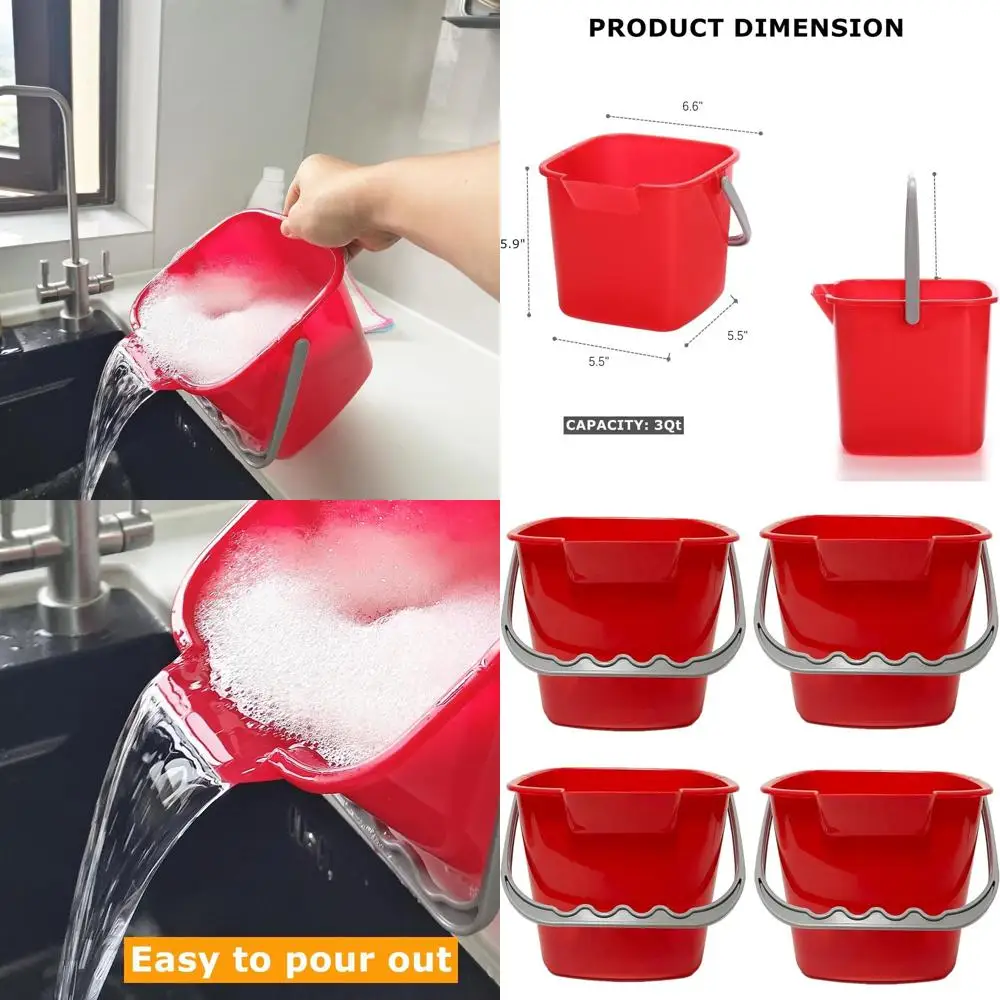

Stackable 3-Quart Red Sanitizing Buckets, 4-Pack, Square Design with Handle, Ideal for Cleaning in Kitchens, Offices, and School