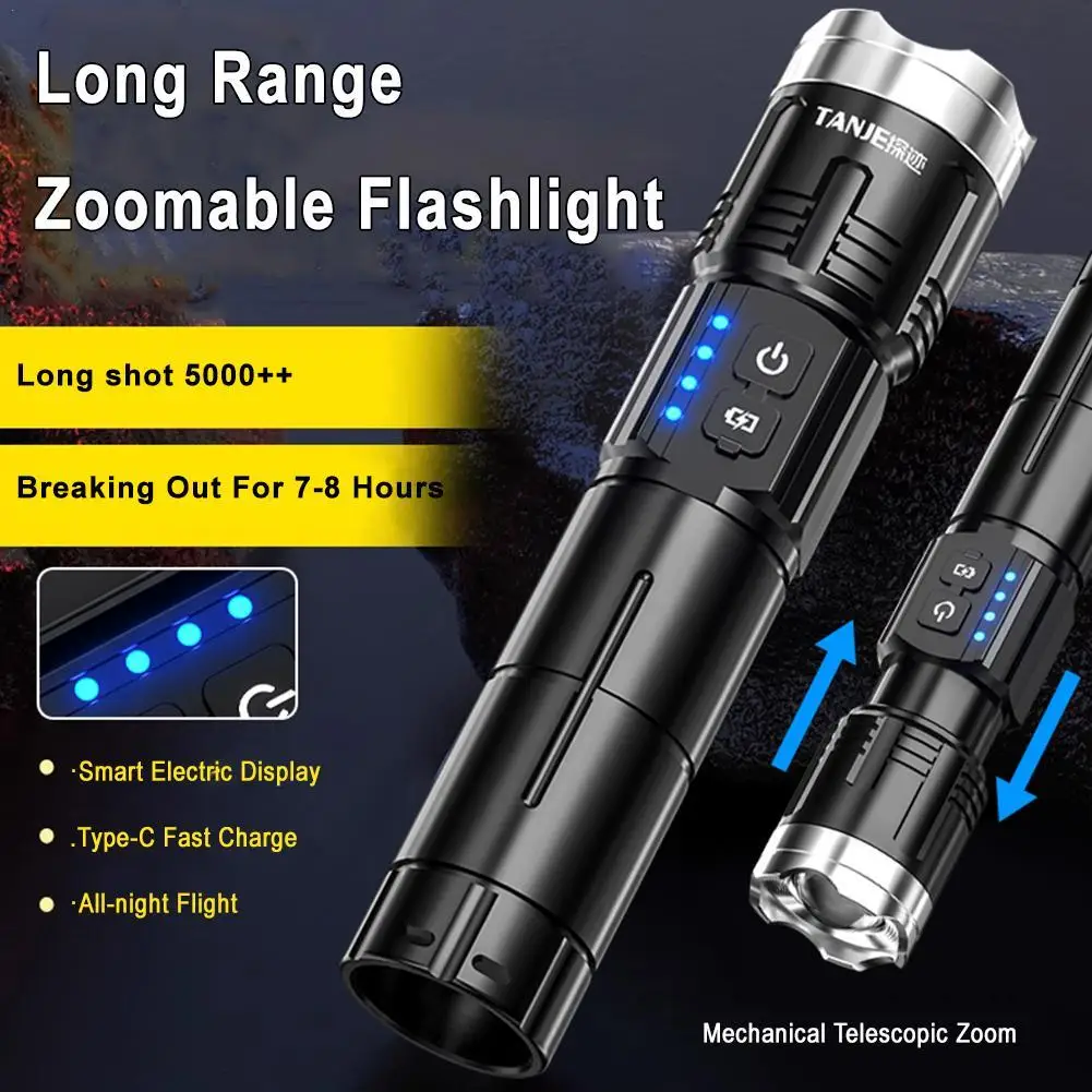 

High Power Super Long Range LED Zoomable Flashlight Type-C Charging Strong Light Tactical Torch Lamp Outdoor Portable Lantern