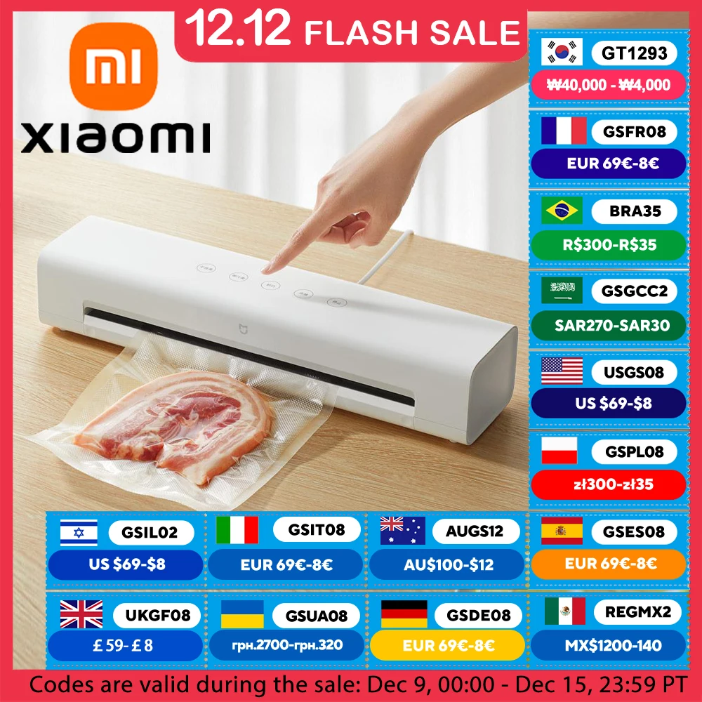 XIAOMI MIJIA Vacuum Sealer Machine,70Kpa Food Vacuum Sealer Machine Preservation Dry/Moist Modes,220V With Free 10pcs Vacuum Bag