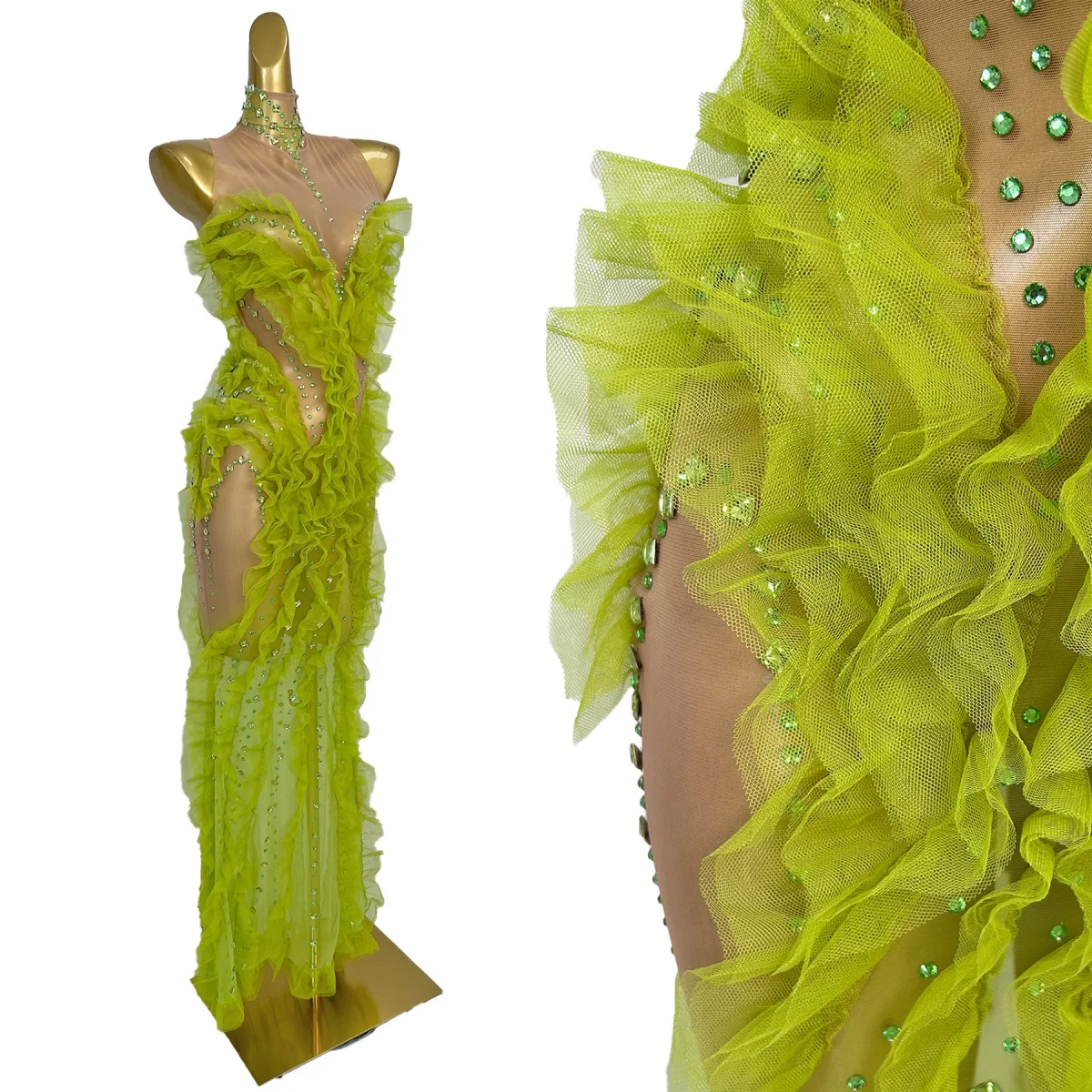 

Elegant Green Evening Dress Sparkly Rhinestone Pleated Long Dresses Sexy See Through Mesh Outfit Women Cocktail Dress Shengcai