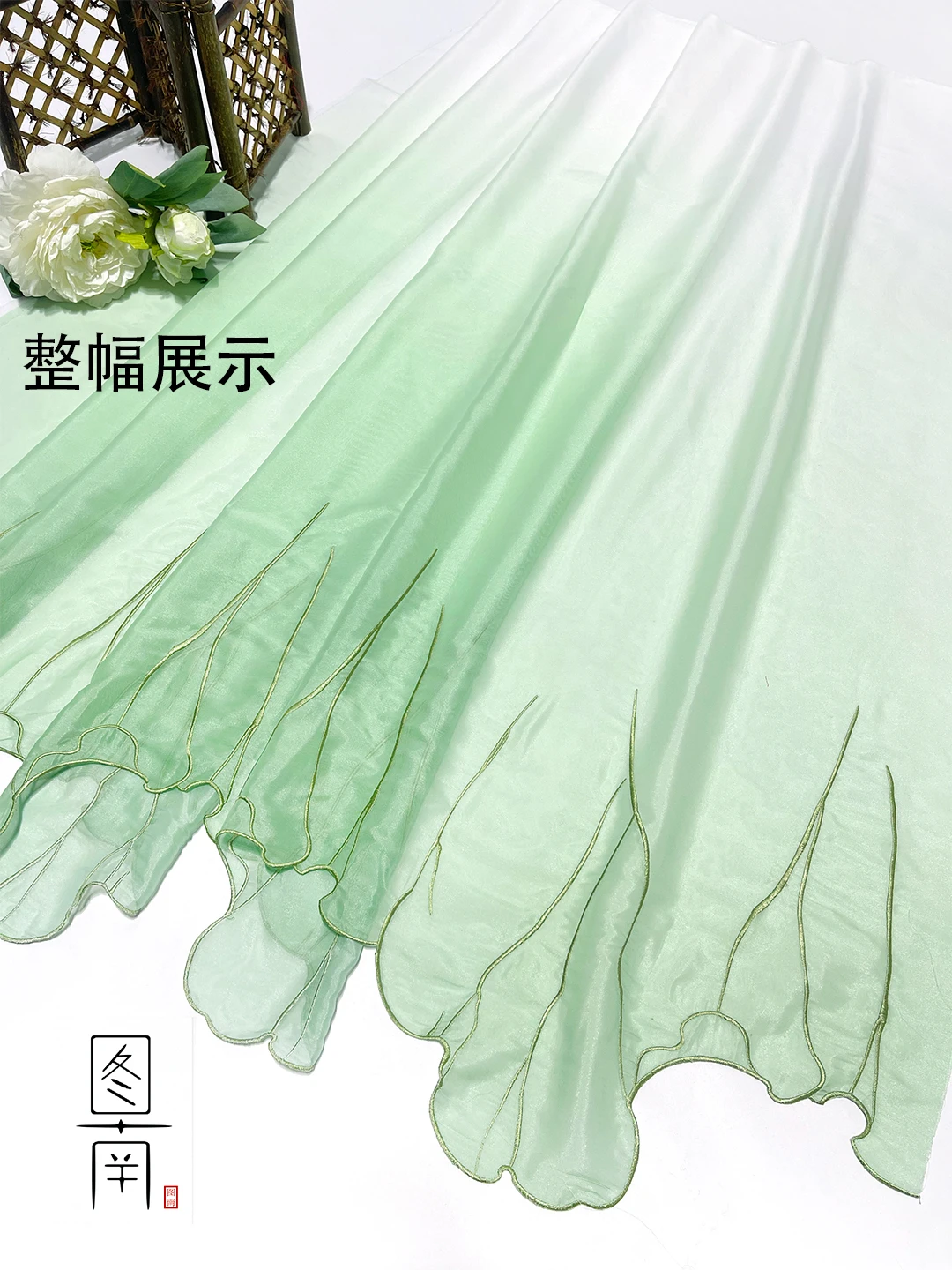 Chinese classical style Printed green leaf chiffon embroidery fabric DIY hanfu shirts doll cloth 1meter