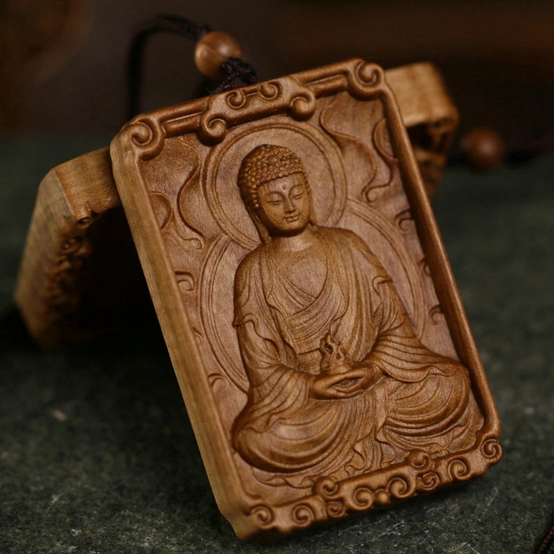 Hand Carved Sandalwood Wooden Buddha Pendant Charm Talisman - Rulai Daluo Auspicious Ornament Car Bag Hanging Gift Collectible