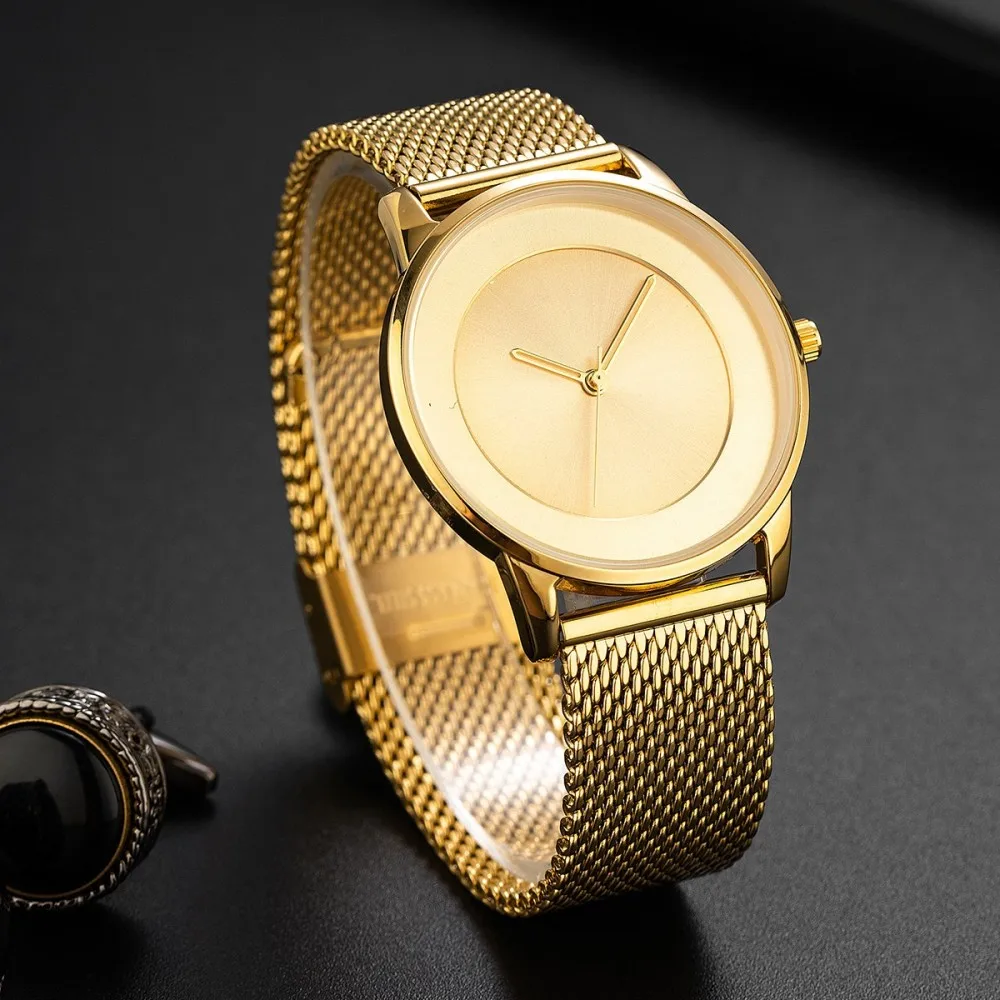 Luxury Golden Minimal Round Men Watch Ultra Thin Steel Mesh Band Simple Dial Business Quartz Wristwatch Trendy Daily Jewelry Accessory for Guys