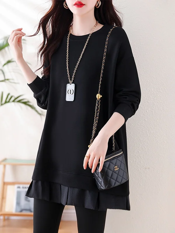 Sudadera con capucha de longitud media para mujer Thiened Fce Splice Faionable Otoño Invierno sudadera coreana Sle redondo Ne Long Sve