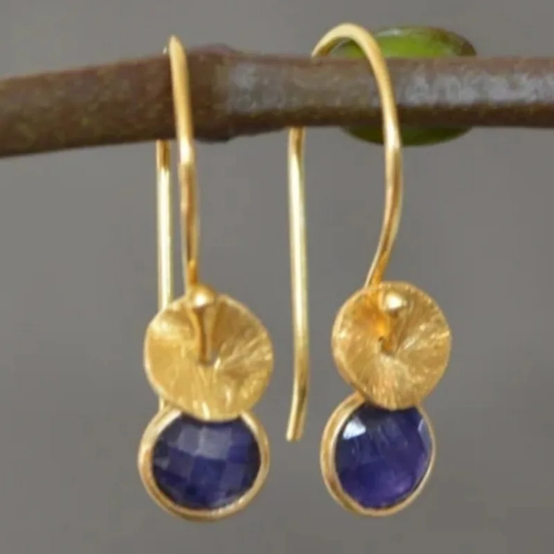 Vintage Gold Color Round Inlaid with Blue Stones Earrings Ethnic Metal Carving Flower Dangle Earrings for Women Jewelry