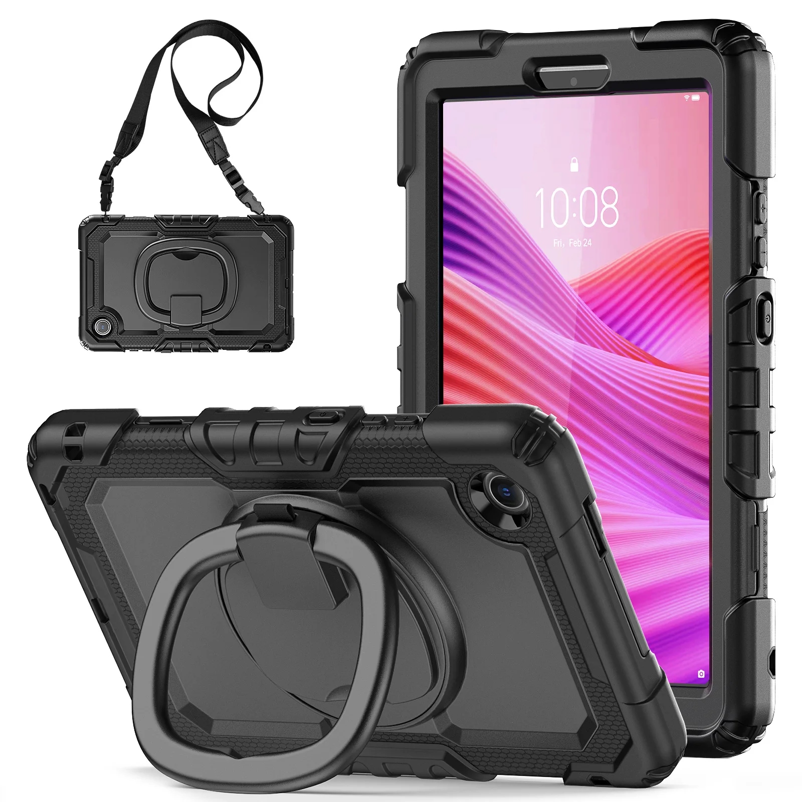 

For Lenovo Tab K9 TB305FU Kickstand Case PC + Silicone Tablet Cover with Shoulder Strap - Black