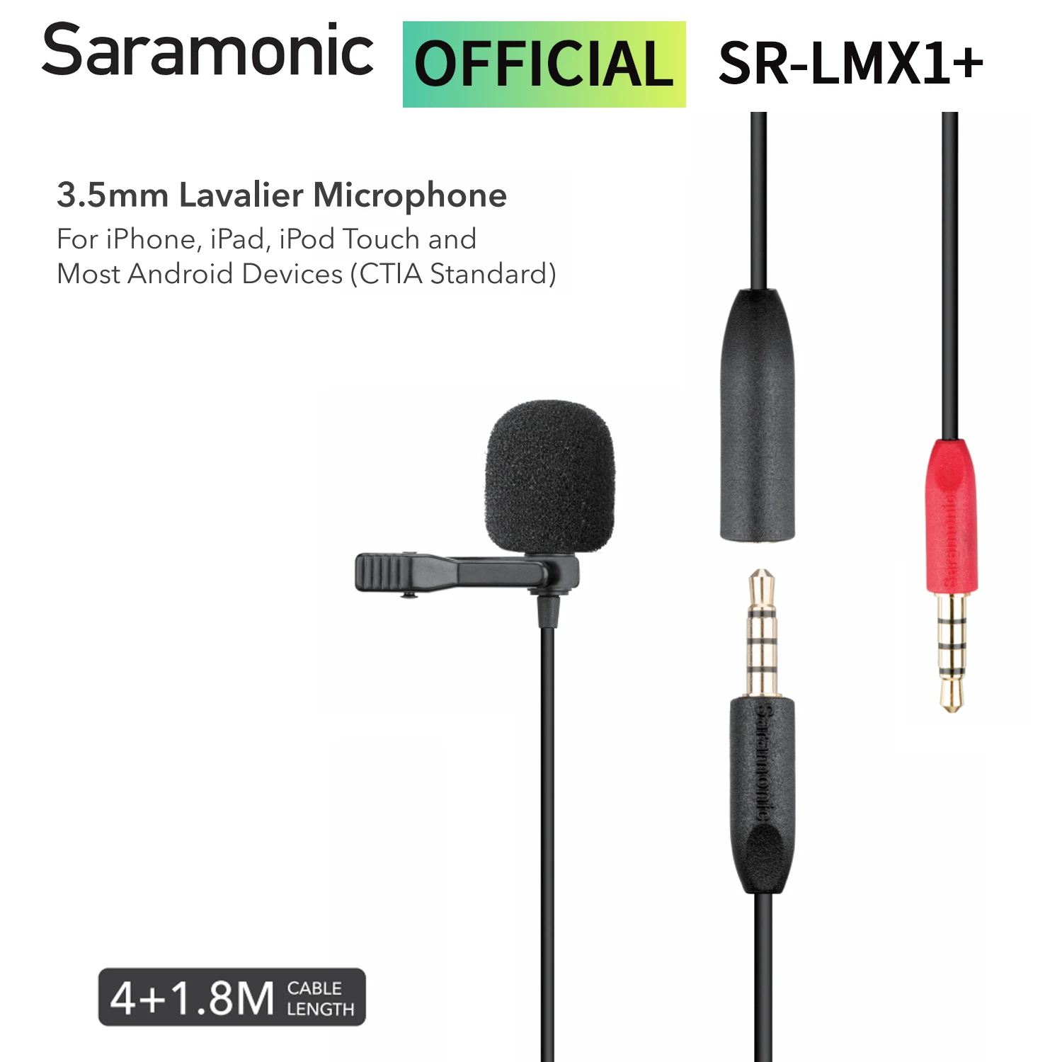 Saramonic SR-LMX1+ 3.5mm TRRS Lavalier Lapel Microphone for iPhone iPad Android PC Laptop Computer Streaming Youtube Recording