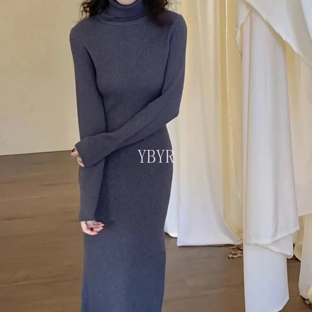 Female Semi-high Neck Solid Color Pit Stripes Long Section Sweater Dress Autumn and Winter New Slim Bottoming Knitted Dress