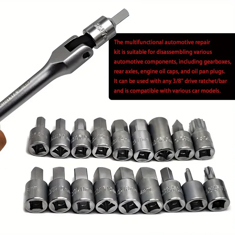 Hex Square Triangle Torx Spline Socket Tool for Automotive Car Oil Pan Repair 20PCS 3/8 Inch Drive Oil Drain Sump Plug Key Set