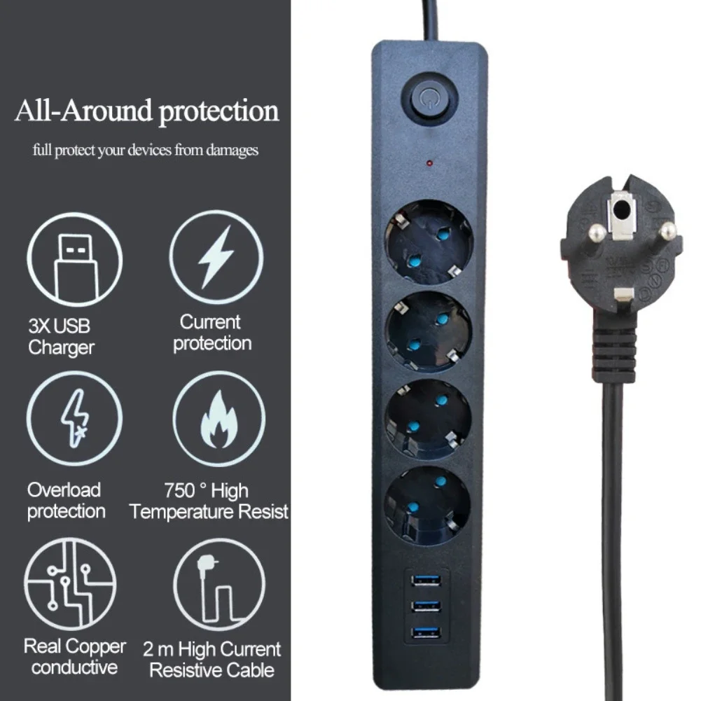 

European Standard AC Outlet With Cable Switch Multi-tap Power Strip Network Outlet USB Port Fast Charging Network Filter Adapter