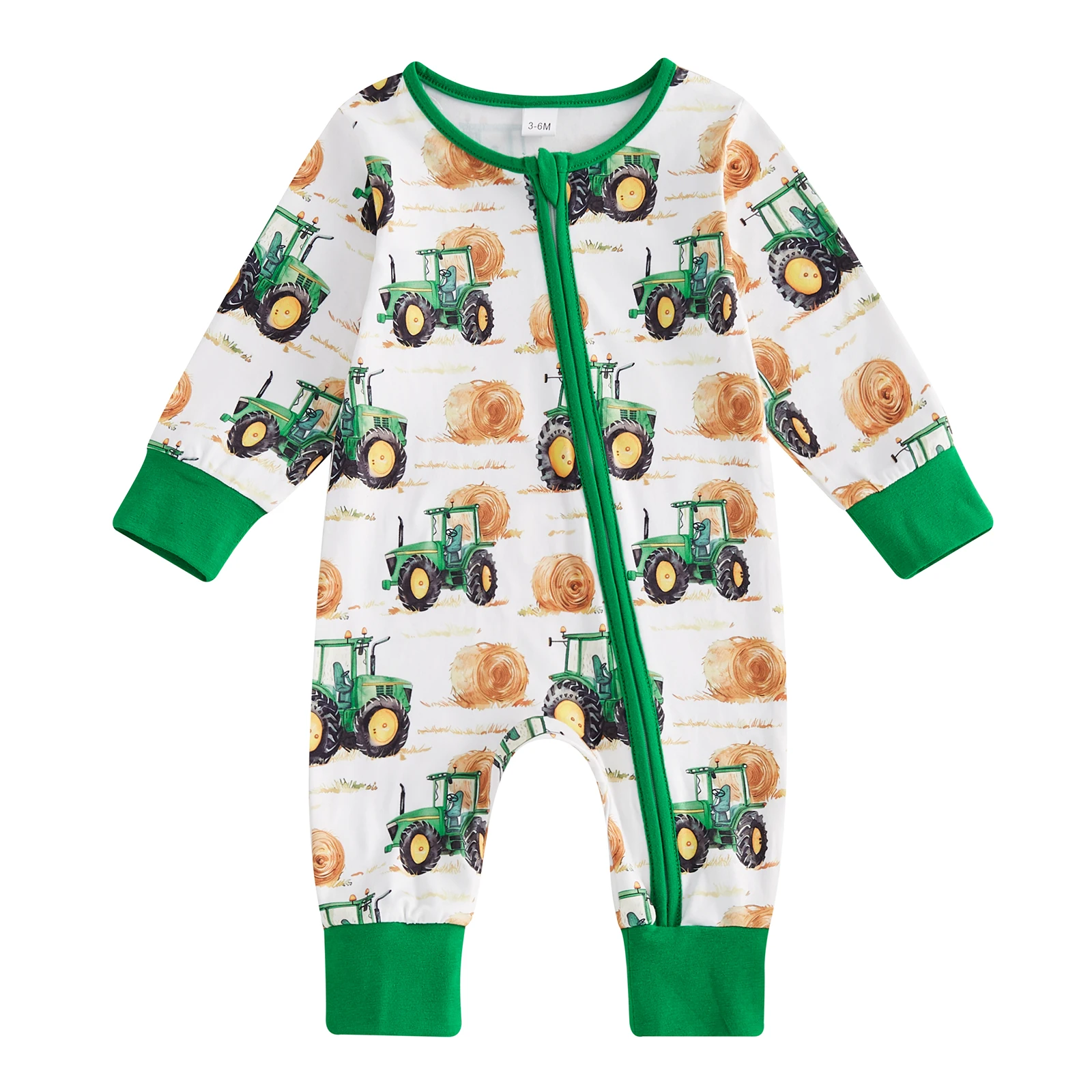 Baby Girl Boy Fall Romper Tractor Print Zipper Long Sleeve Crew Neck Full Length Jumpsuit