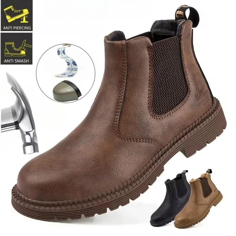

Water Proof Safety Work Shoes For Men Steel Head Leather Boots Male Footwear Indestructible Construction Work Shoes Brown