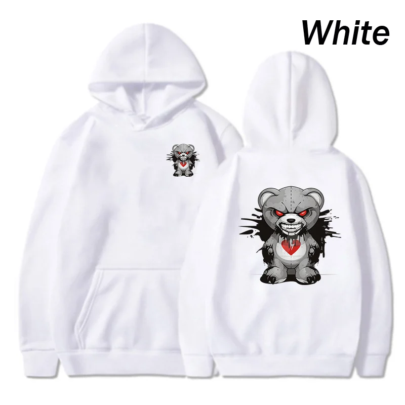 New Funny Evil Bear Hoodie Bear Print Clothing Casual Hooded Men Fashion Sweatshirts Fleece Loose Streetwear