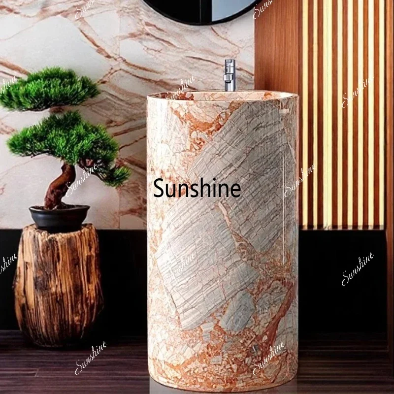 Natural marble wash basin household hotel light luxury square column basin integrated floor type  FT