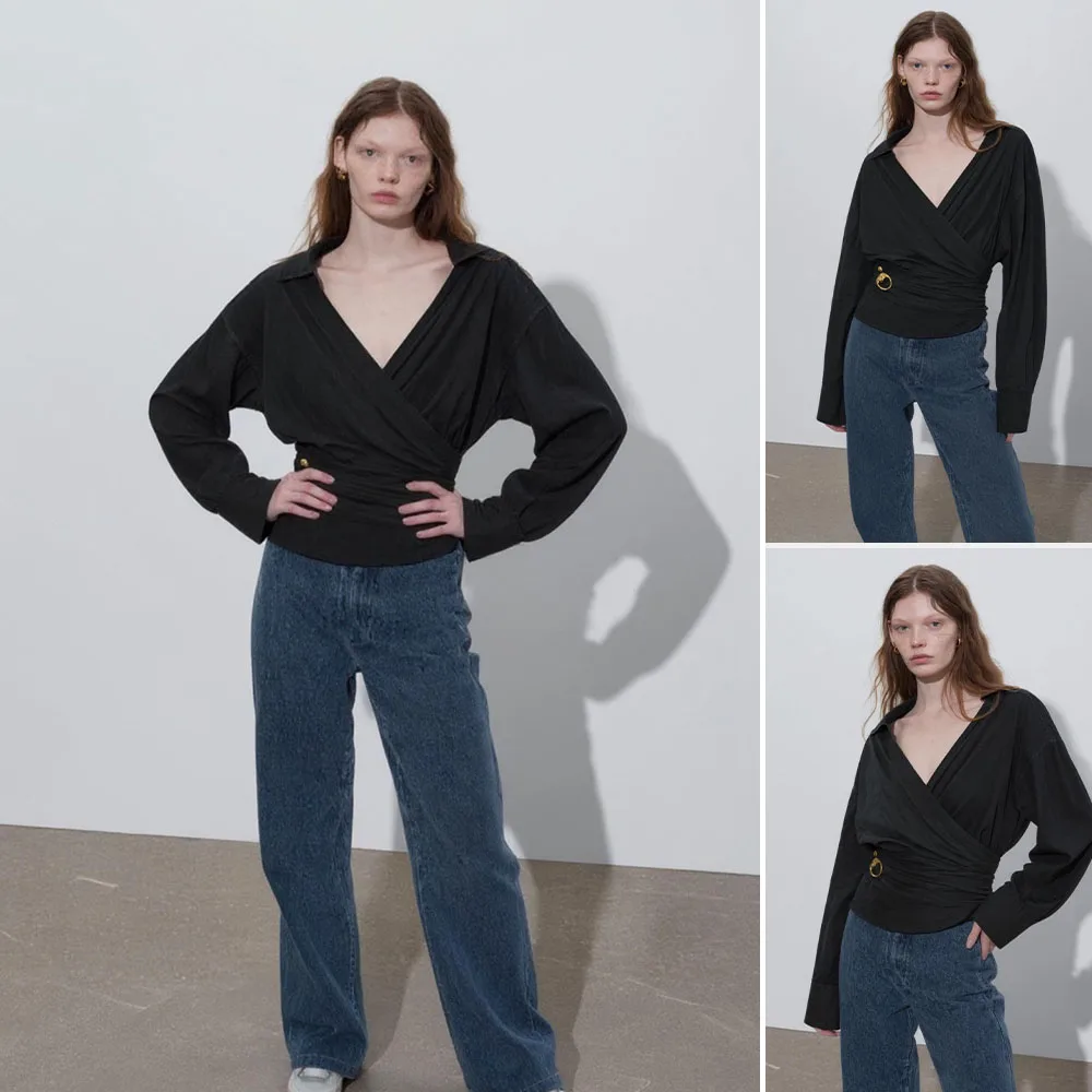 

Mia Muse Boutique Women's Shirts Elegant Basics Solid Color Long Sleeve V-Neck Side Decor Office Lady Shirts