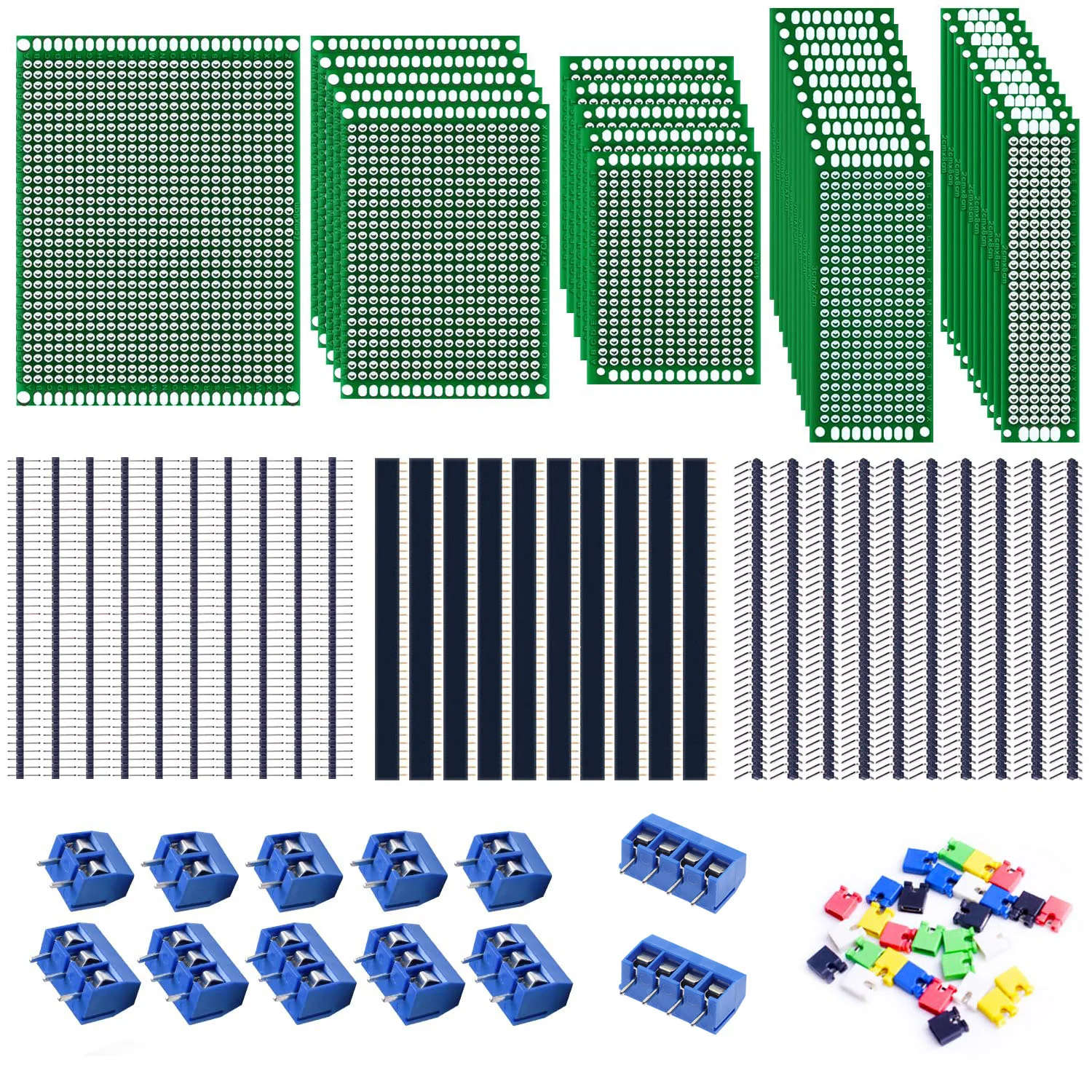 103pcs Double Sided PCB Board Kit, include circuit board，PCB Screw Terminal Block，Jumper Cap，Breakable Pin Header