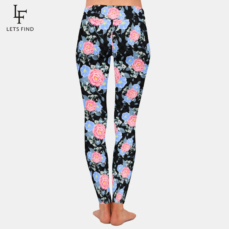 LETSFIND-Pantalones con estampado de rosas para mujer, mallas de Fitness de cintura alta con doble cara cepillada, seda de leche suave, novedad de 2020, 220gsm