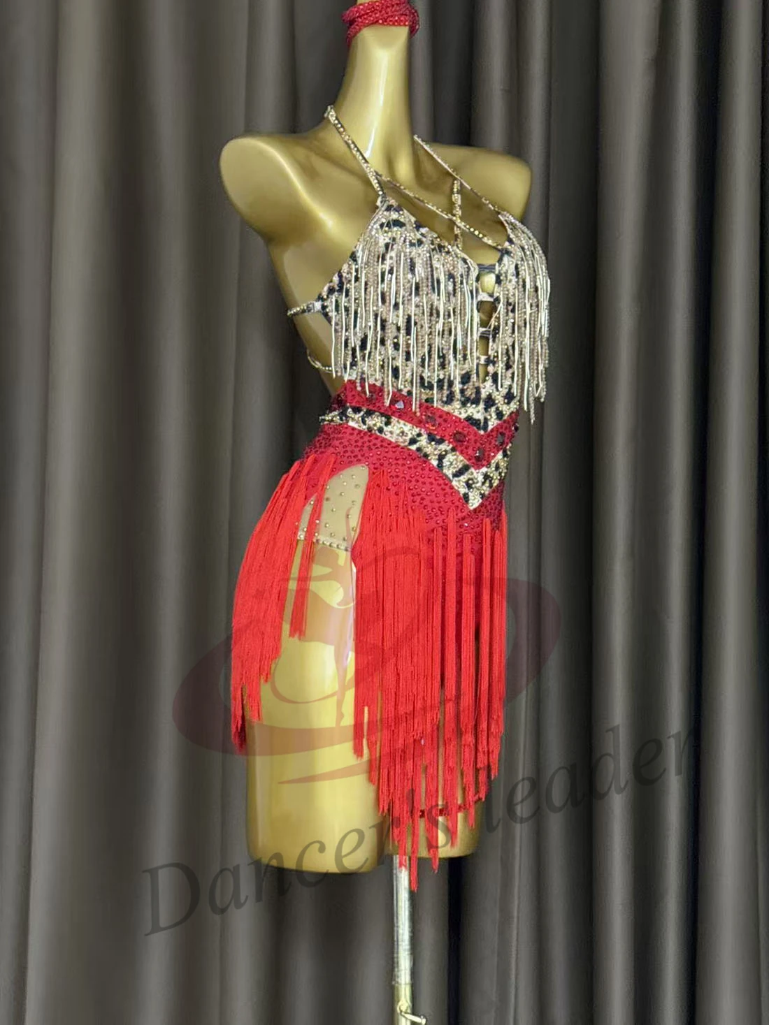 Robe de danse latine AB Stone pour femmes et enfants, robe de performance de samba à imprimé léopard haut de gamme personnalisée, robe rouge à franges pour équipe