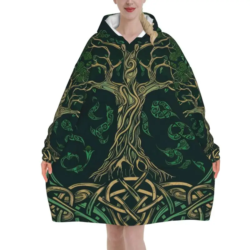 Tree of Life Celtic Pattern Blanket Hoodie Women Wearable Oversized Pullover Winter Warm Cozy Fleece Sherpa Blanket with Pockets